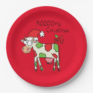 Cow Funny Cartoon Christmas Holiday Paper Plate