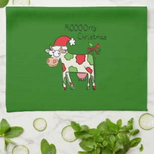 Cow Funny Cartoon Christmas Holiday Tea Towel
