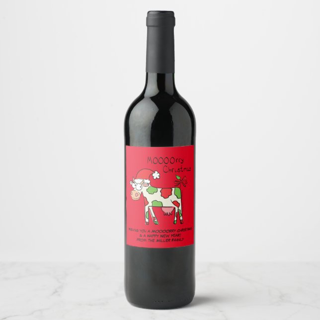 Cow Funny Cartoon Christmas Holiday Wine Gift Wine Label (Front)