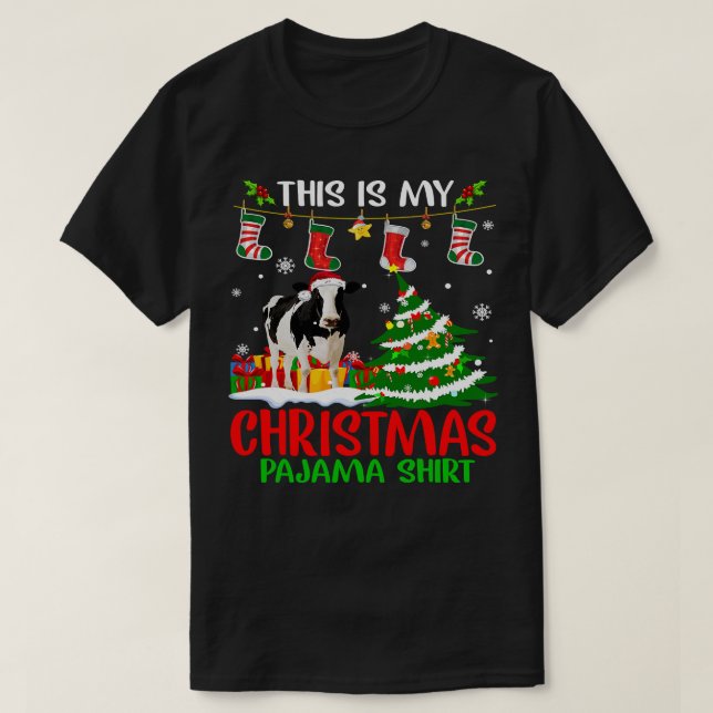 Cow Funny Cattle Christmas Lights Cute Xmas Santa  T-Shirt (Design Front)