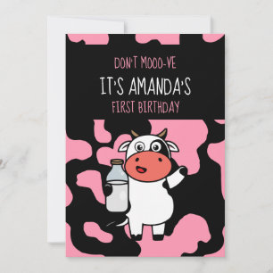 Cow Funny Farm Animal Themed Girl 1st Birthday Inv Invitation