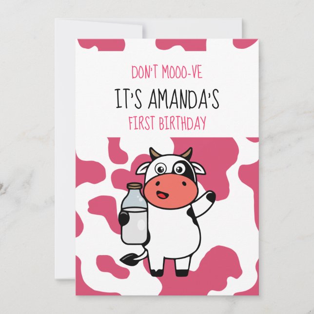 Cow Funny Farm Animal Themed Girl 1st Birthday Invitation (Front)