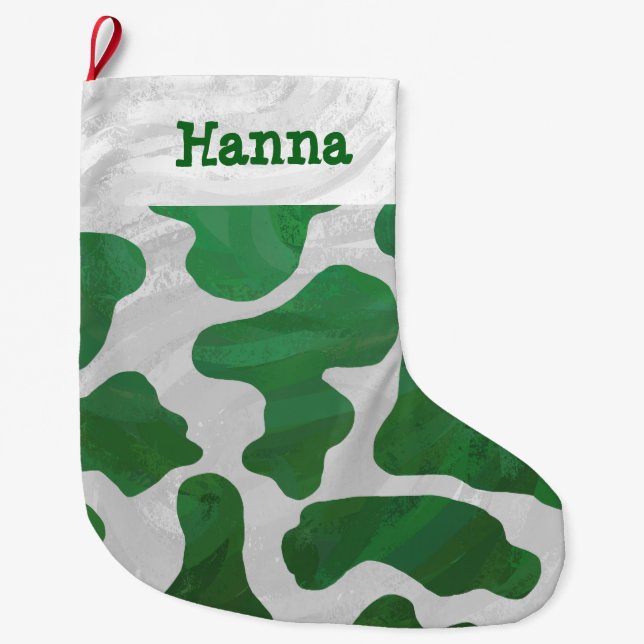 Cow Green and White Print Large Christmas Stocking (Front)