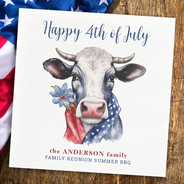 Cow Happy 4th Of July Red White Blue Patriotic Napkin (Creator Uploaded)