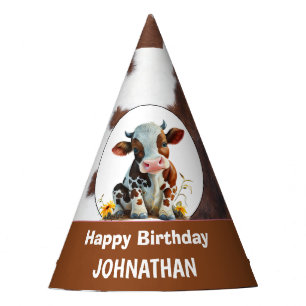 Cow Happy Birthday Brown and White Party Hat