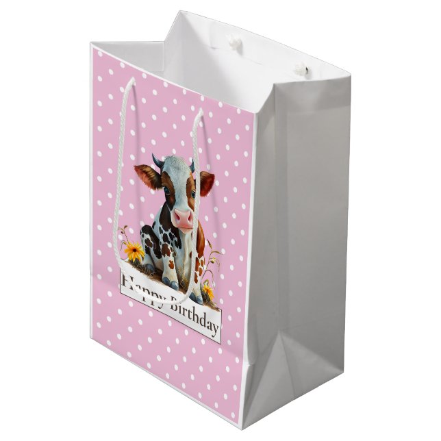Cow Happy Birthday Cute Pink Medium Gift Bag (Front Angled)