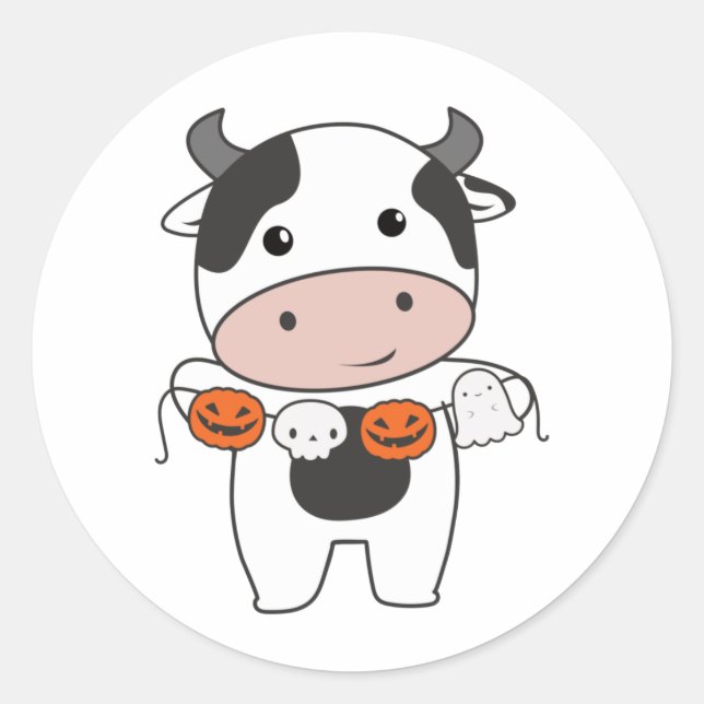 Cow Happy Halloween Pumpkin Bat Costume Classic Ro Round Sticker (Front)