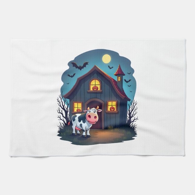 Cow & Haunted Barn Tea Towel (Horizontal)