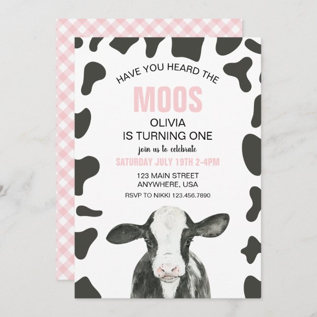 Cow Have you Heard Moos pink Plaid Birthday Invitation (Front/Back)