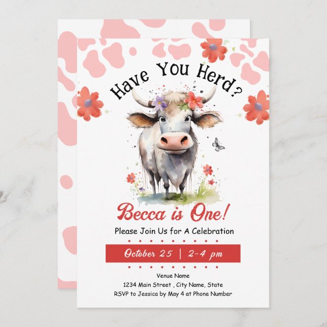 Cow Have You Herd 1st Birthday Girl Invitation (Front/Back)