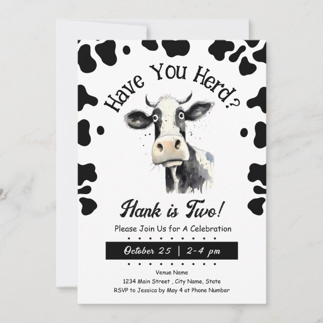 Cow Have You Herd 2nd Birthday Watercolor Invitat Invitation (Front)