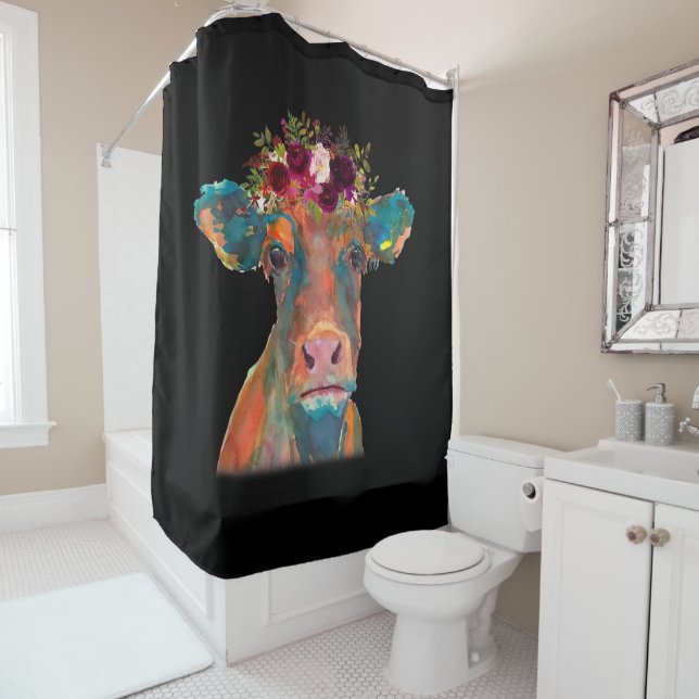 Cow Head Face Colourful Watercolor | Cow Gifts  Shower Curtain (In Situ)
