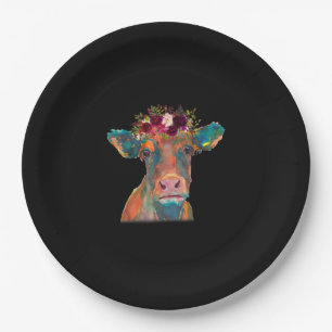 Cow Head Face Print Colorful Watercolor Floral Paper Plate