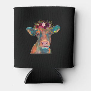 Cow Head Face Print Colourful Watercolor Floral Can Cooler