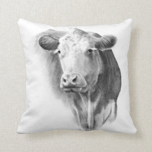 Cow Head in Pencil: Realism Art: Farm, Country Cushion