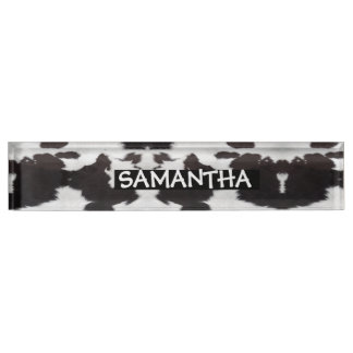 cow hide black white nameplate