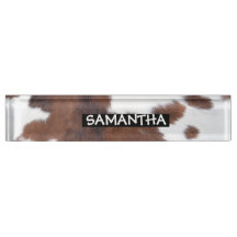 cow hide brown white desk name plate