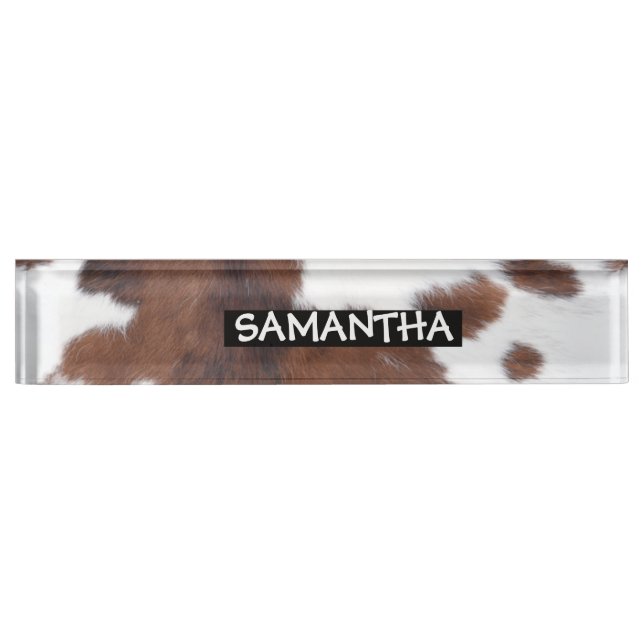 cow hide brown white desk name plate (Front)