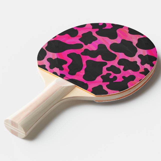 Cow Hot Pink and Black Print Ping Pong Paddle (Front Angle)