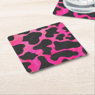 Cow Hot Pink and Black Print Square Paper Coaster