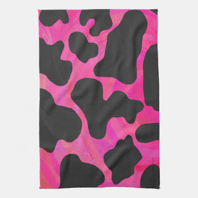 Cow Hot Pink and Black Print Tea Towel (Vertical)