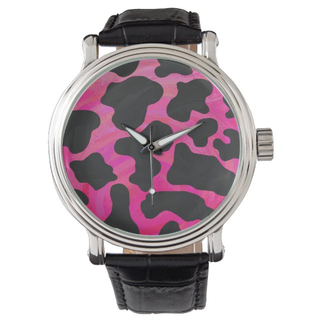 Cow Hot Pink and Black Print Watch (Front)
