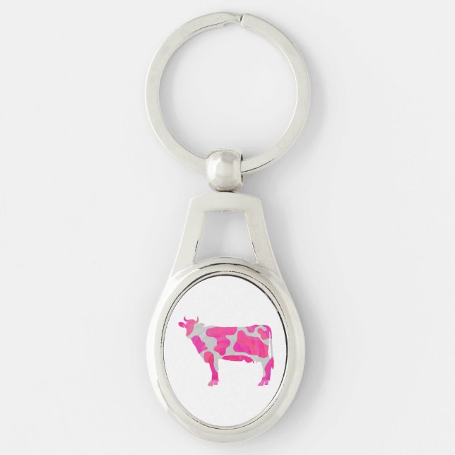 Cow Hot Pink and White Silhouette Key Ring (Front)