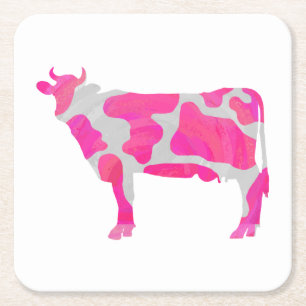 Cow Hot Pink and White Silhouette Square Paper Coaster