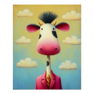 Cow in a fancy pink suit with tie - cartoon poster