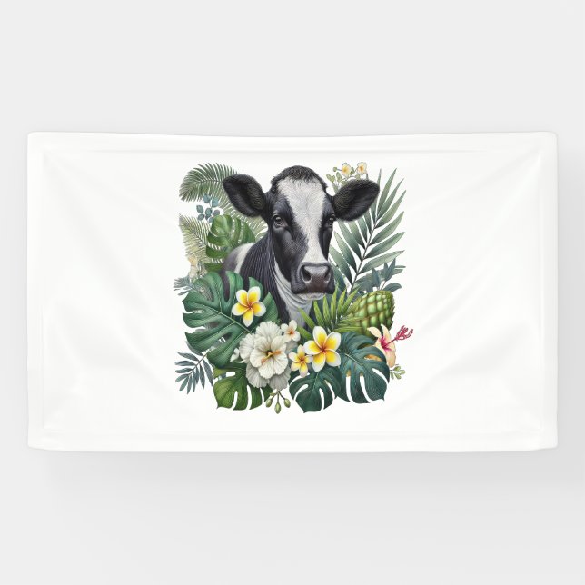 Cow in Floral Jungle Png, Tropical Cow Banner (Horizontal)