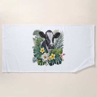 Cow in Floral Jungle Png, Tropical Cow Beach Towel
