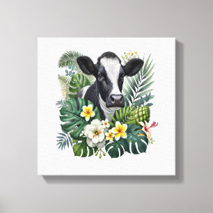 Cow in Floral Jungle Png, Tropical Cow Canvas Print