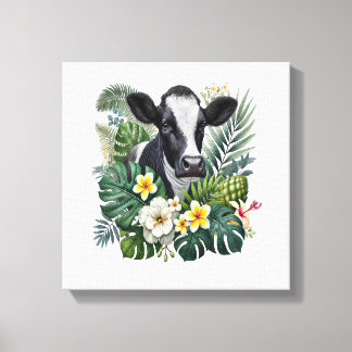 Cow in Floral Jungle Png, Tropical Cow Canvas Print