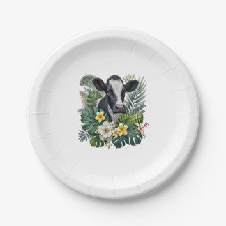 Cow in Floral Jungle Png, Tropical Cow Paper Plate