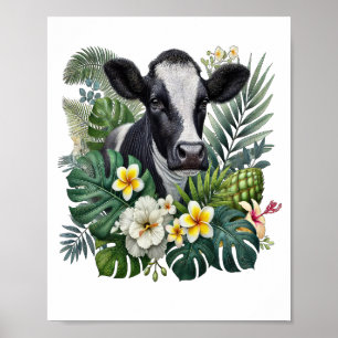 Cow in Floral Jungle Png, Tropical Cow Poster
