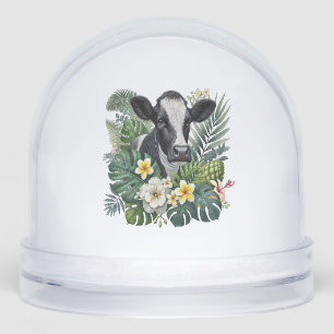 Cow in Floral Jungle Png, Tropical Cow Snowglobe