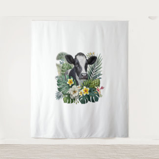 Cow in Floral Jungle Png, Tropical Cow Tapestry