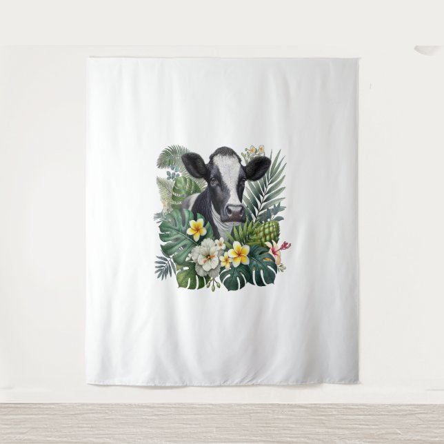 Cow in Floral Jungle Png, Tropical Cow Tapestry (Front)