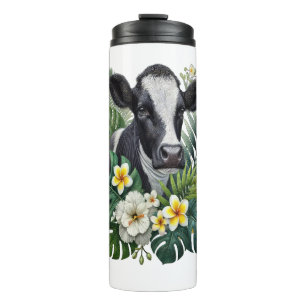 Cow in Floral Jungle Png, Tropical Cow Thermal Tumbler