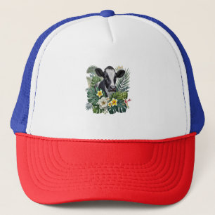 Cow in Floral Jungle , Tropical Cow Trucker Hat