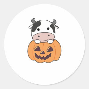 Cow In Pumpkin Cute Cows Happy Halloween Classic Round Sticker