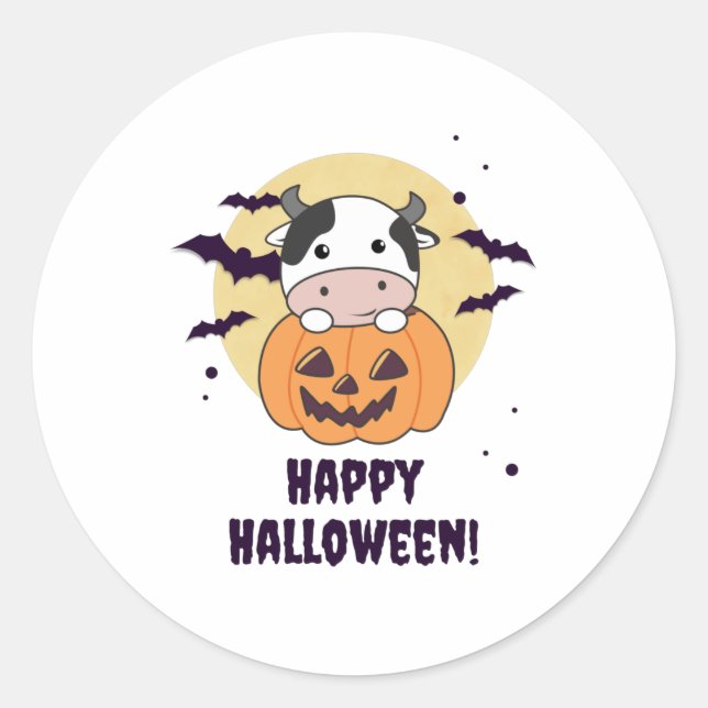 Cow In Pumpkin Cute Cows Happy Halloween Classic Round Sticker (Front)