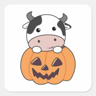 Cow In Pumpkin Cute Cows Happy Halloween Square St Sticker
