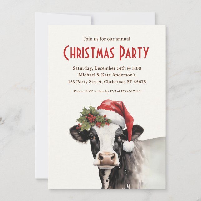Cow in Santa Hat Farm Animal Dairy Christmas Party Invitation (Front)