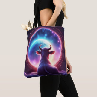 Cow in Space Looking at Earth Whimsical Rainbow Tote Bag