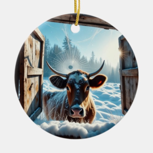 Cow in the Snow Ceramic Tree Decoration (Front)