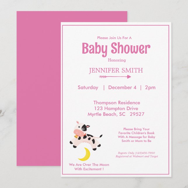 Cow Jumped Over The Moon Nursery Baby Shower Pink Invitation (Front/Back)