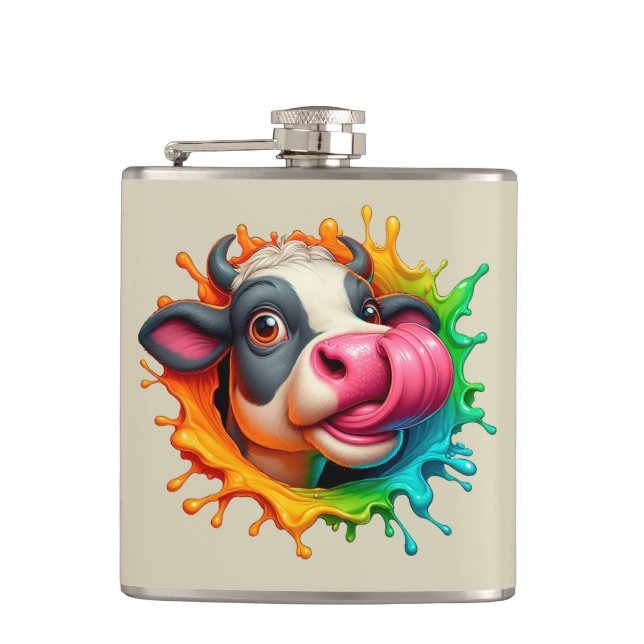 Cow licking nose hip flask (Front)