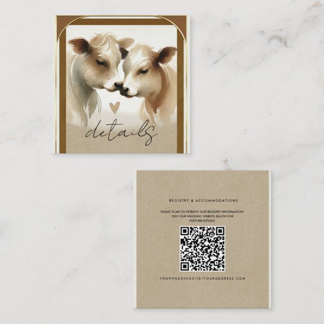 Cow Love Brown Cream Country Wedding Details Square Business Card (Front/Back)