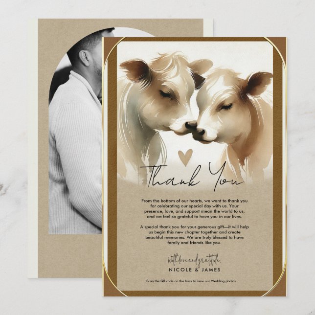 Cow Love Brown Cream Country Wedding Thank You Invitation (Front/Back)